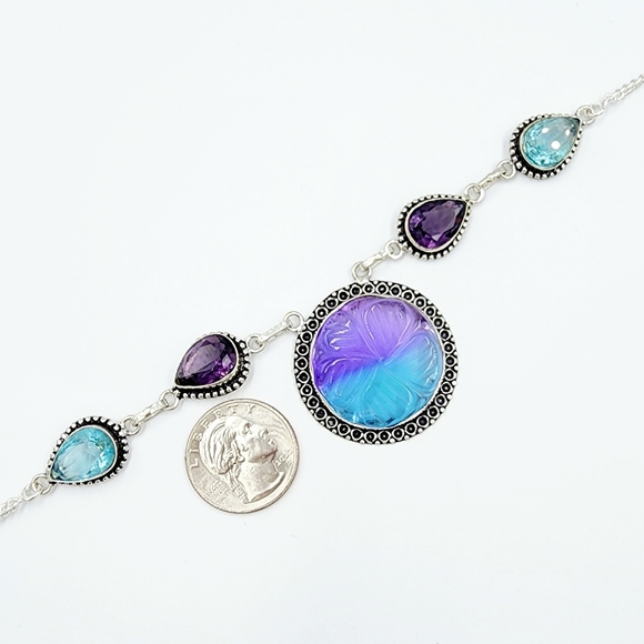 Carved Floral Bi-Color Tourmaline Amethyst Blue Topaz Necklace Hand Crafted - Picture 4 of 6
